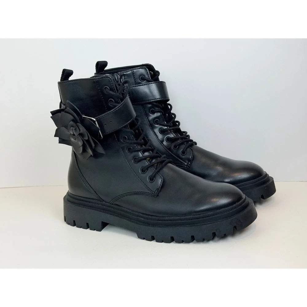 Girls Black Combat Boots Floral Ankle Strap Lace Up Side Zip Lug Sole Size 38 EU